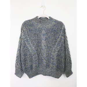 FRNCH | Mock Cable Sweater Metallic Chunky Knit Pullover Grey Blue Medium NEW